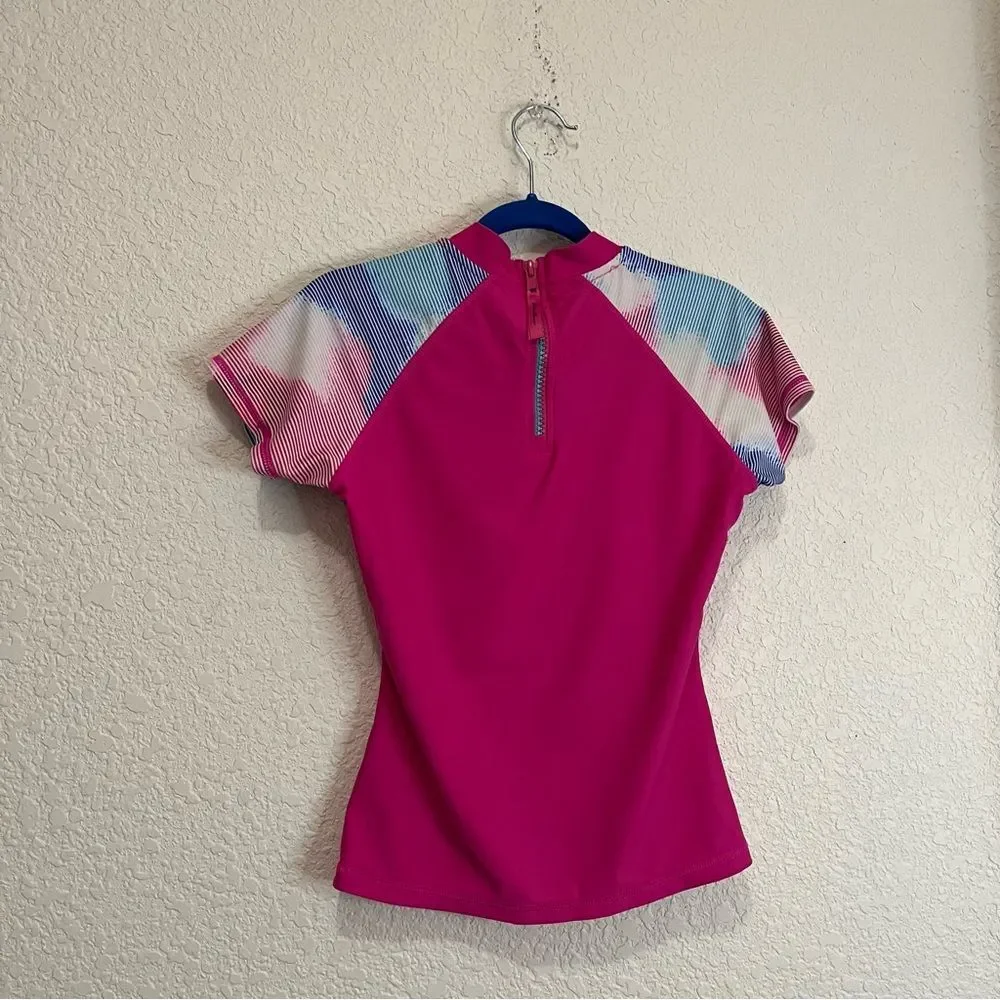 Eddie Bauer Rash Guard Girls Top Size S 7/8 Pink Tie Dye Short Sleeve Swimwear
